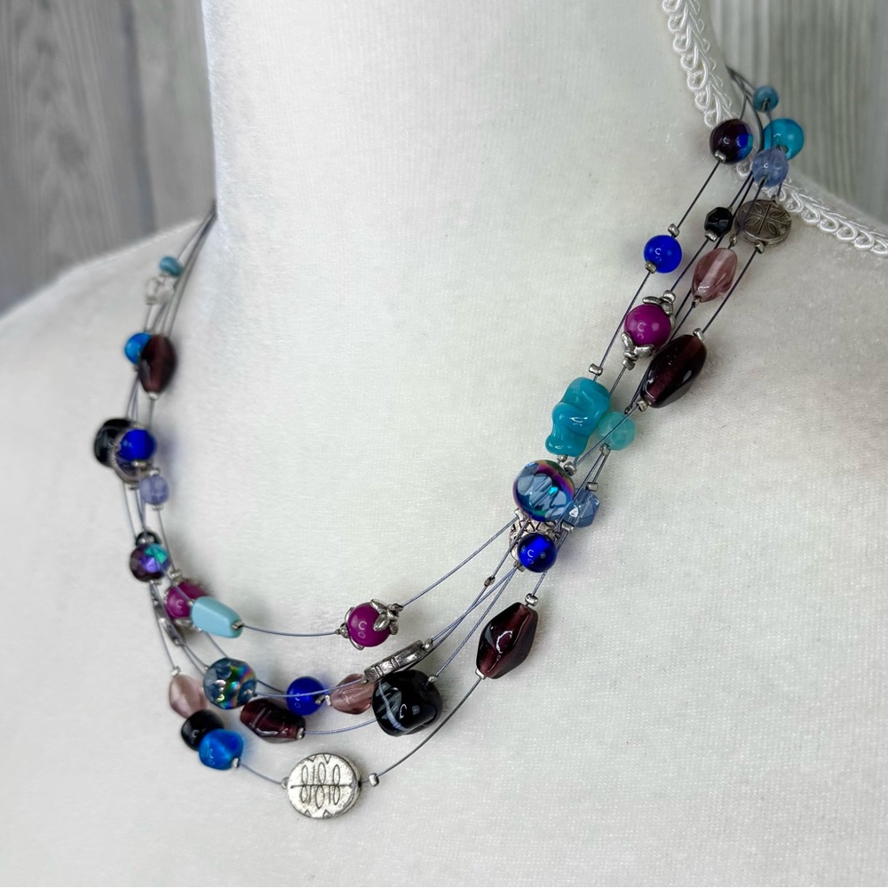 Lia Sophia Art Show Retired Blue & Purple Multi-Strand Necklace Silver 16 to 19”